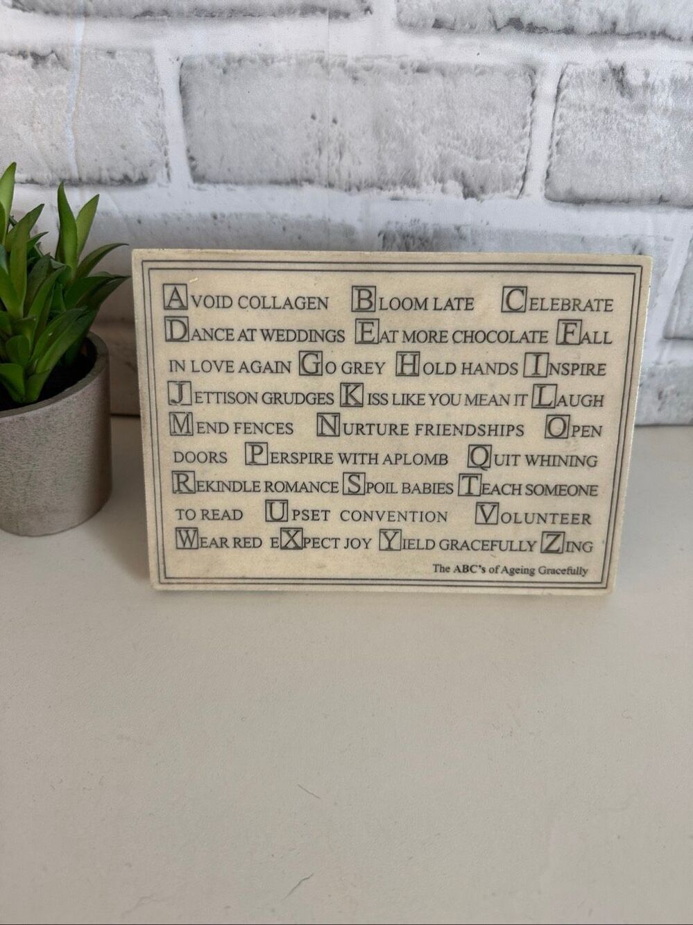 Vintage House Parts Inc "ABC's of Aging Gracefully" Faux Marble Stone Plaque Sig